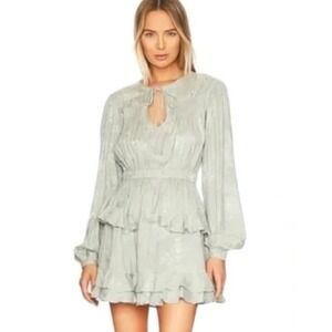 TULAROSA Kimora Mini Dress Embroidered Tiered Ruffle LS Sage Green Small $228